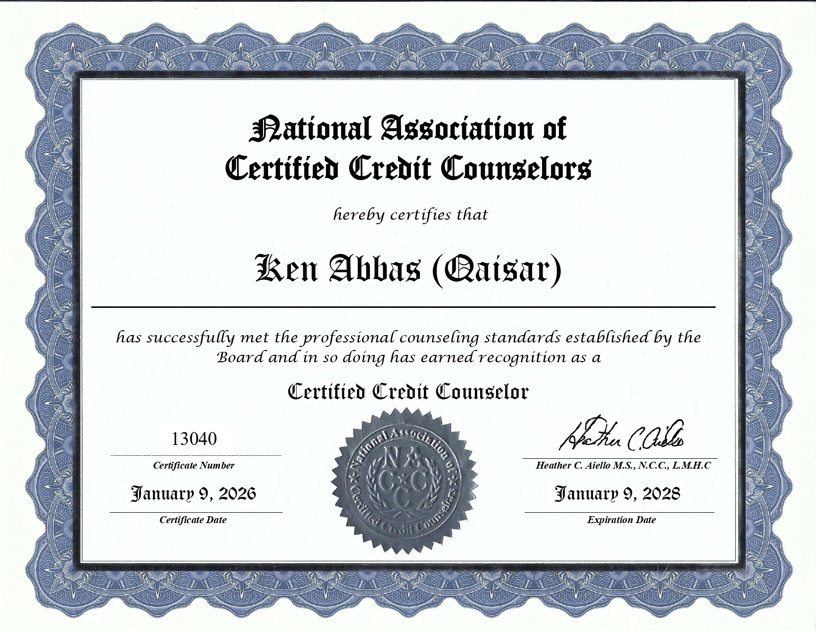 NACCC Certificate — Ken Abbas